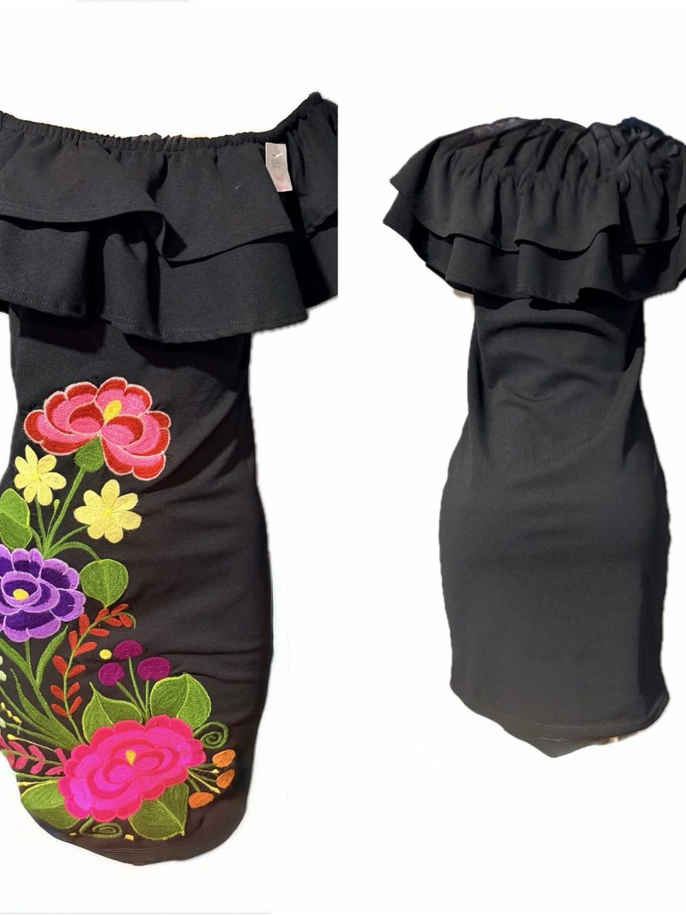 Black Off-Shoulder Ruffled Floral Embroidered Skirt